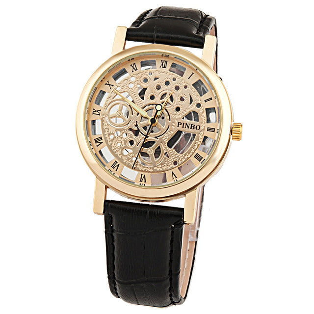 2017 New Brand Luxury Fashion Casual Leather Men Skeleton Watch Women Dress Wristwatch Steel Quartz Hollow Watches Men PINBO-85
