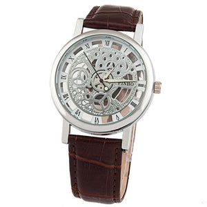 2017 New Brand Luxury Fashion Casual Leather Men Skeleton Watch Women Dress Wristwatch Steel Quartz Hollow Watches Men PINBO-85