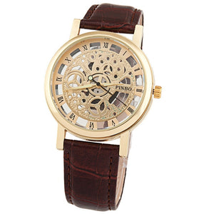 2017 New Brand Luxury Fashion Casual Leather Men Skeleton Watch Women Dress Wristwatch Steel Quartz Hollow Watches Men PINBO-85