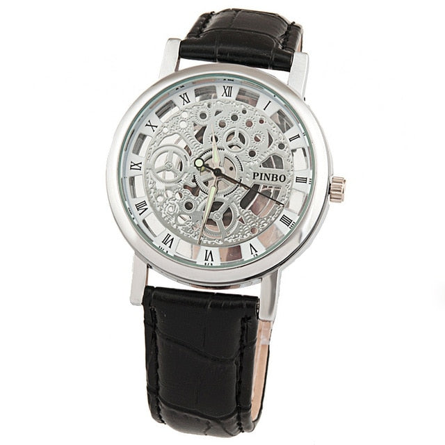 2017 New Brand Luxury Fashion Casual Leather Men Skeleton Watch Women Dress Wristwatch Steel Quartz Hollow Watches Men PINBO-85