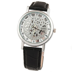 2017 New Brand Luxury Fashion Casual Leather Men Skeleton Watch Women Dress Wristwatch Steel Quartz Hollow Watches Men PINBO-85
