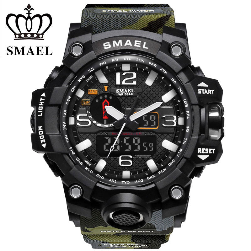SMAEL Brand Sports Watches Men Dual Time Camouflage Military Watch Men Army LED Digital Wristwatch 50M Waterproof Men's Clock