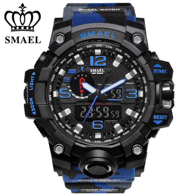 SMAEL Brand Sports Watches Men Dual Time Camouflage Military Watch Men Army LED Digital Wristwatch 50M Waterproof Men's Clock