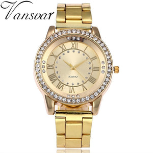 Vansvar Brand Gold Watch Luxury Women Dress Rhinestone Quartz Watch Casual Women Stainless Steel Wristwatches Female Clock