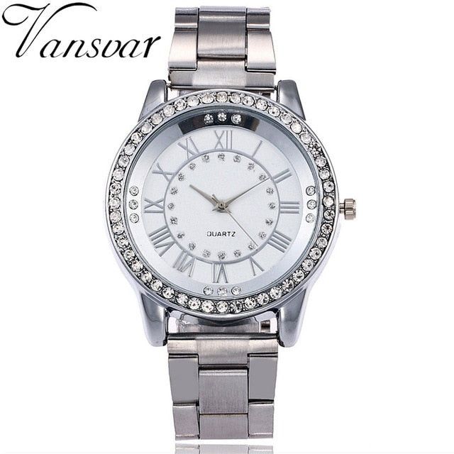 Vansvar Brand Gold Watch Luxury Women Dress Rhinestone Quartz Watch Casual Women Stainless Steel Wristwatches Female Clock