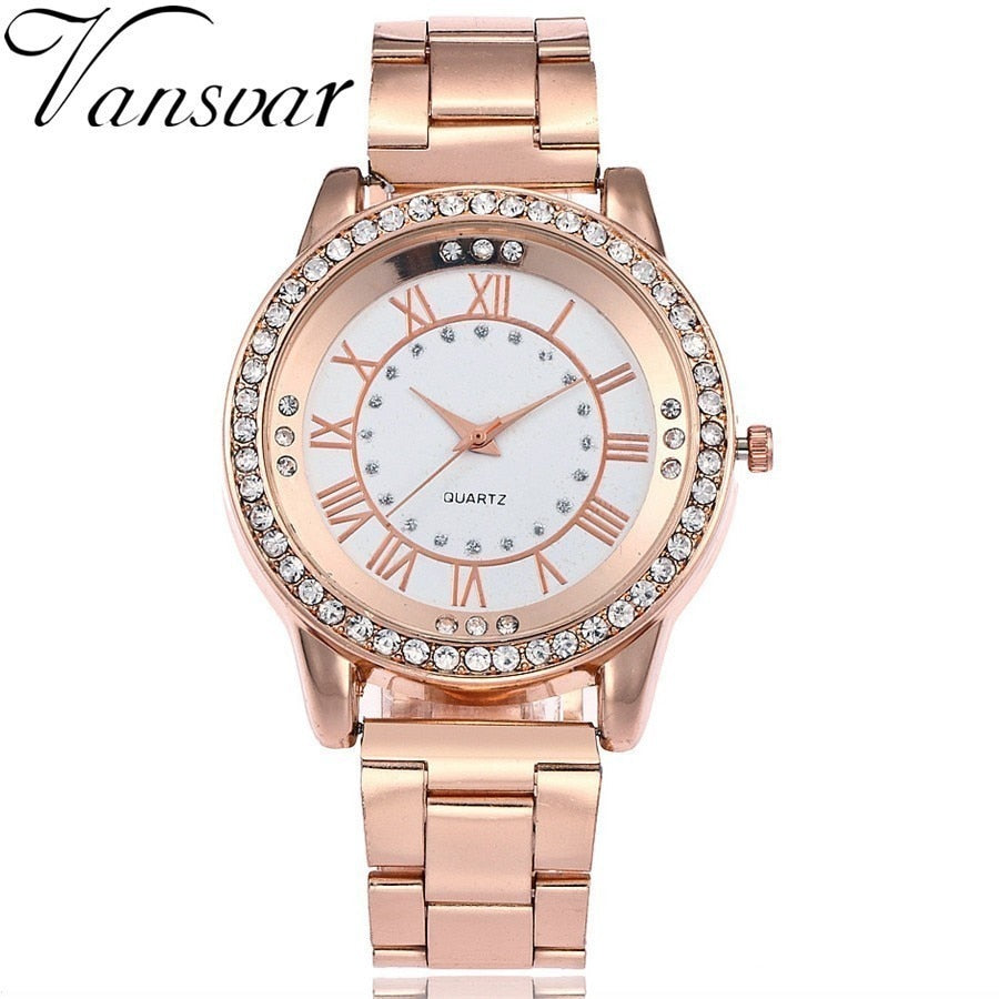 Vansvar Brand Rose Gold Watch Luxury Women Dress Rhinestone Quartz Watch Casual Women Stainless Steel Wristwatches Female Clock