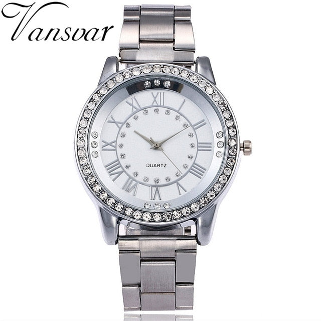Vansvar Brand Rose Gold Watch Luxury Women Dress Rhinestone Quartz Watch Casual Women Stainless Steel Wristwatches Female Clock
