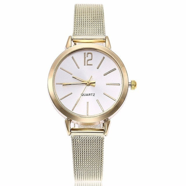 New Fashion Women Stainless Steel Silver Gold Mesh Watch Unique Simple Watches Casual Quartz Wristwatches Clock Hot Sale