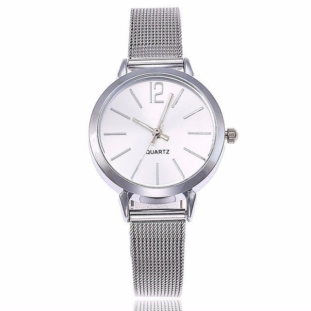 New Fashion Women Stainless Steel Silver Gold Mesh Watch Unique Simple Watches Casual Quartz Wristwatches Clock Hot Sale