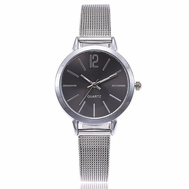 New Fashion Women Stainless Steel Silver Gold Mesh Watch Unique Simple Watches Casual Quartz Wristwatches Clock Hot Sale