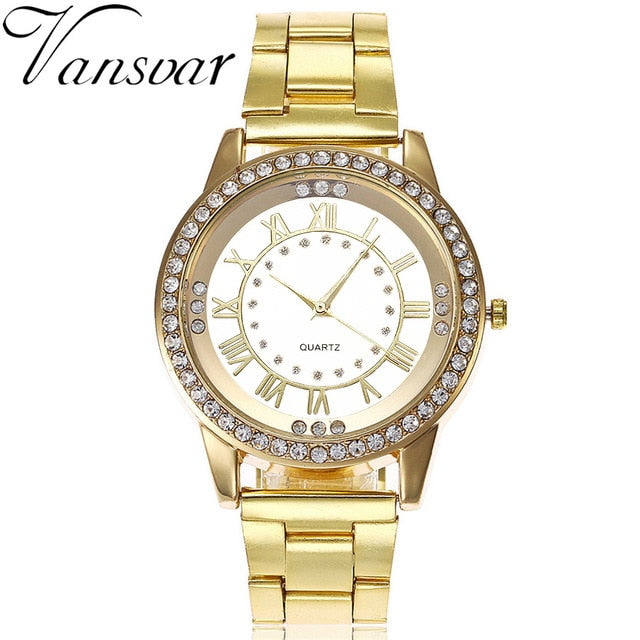 Vansvar Brand Gold Watch Luxury Women Dress Rhinestone Quartz Watch Casual Women Stainless Steel Wristwatches Female Clock