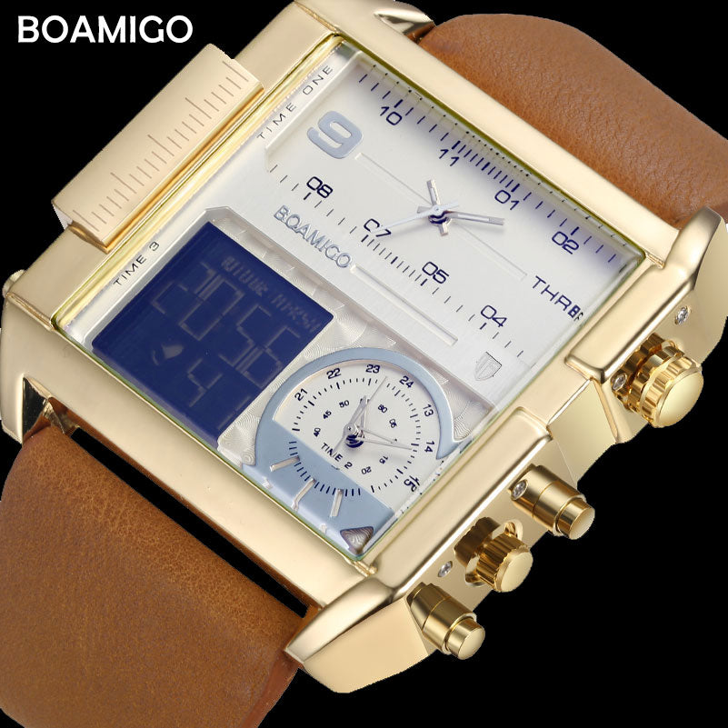 BOAMIGO Brand Men Sports Watches Man Military chronograph digital Watch Leather Rectangle Quartz Wristwatches Relogio Masculino