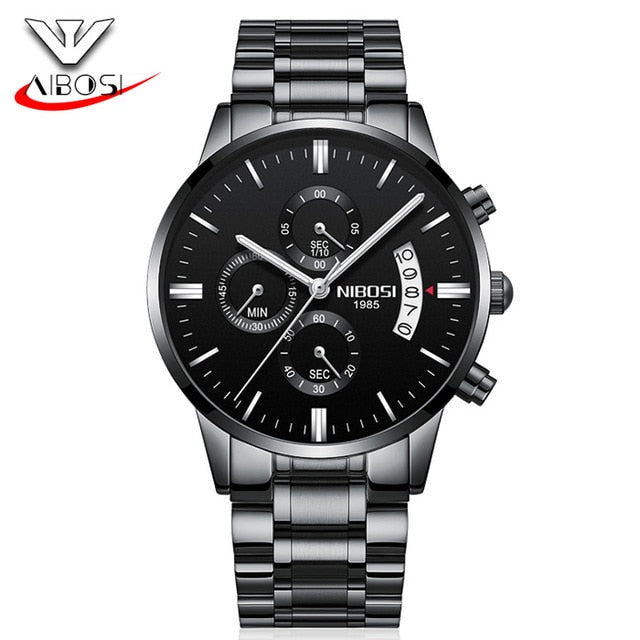 NIBOSI Watch Black Men Watches 2018 Luxury Brand Sport Chronograph Clock Men Watches Stainless Steel Mens Watch Military Army