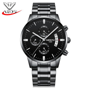 NIBOSI Watch Black Men Watches 2018 Luxury Brand Sport Chronograph Clock Men Watches Stainless Steel Mens Watch Military Army