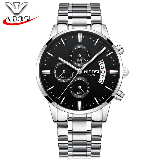 NIBOSI Watch Black Men Watches 2018 Luxury Brand Sport Chronograph Clock Men Watches Stainless Steel Mens Watch Military Army