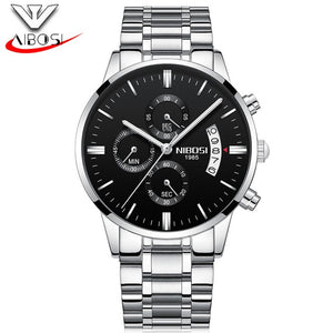 NIBOSI Watch Black Men Watches 2018 Luxury Brand Sport Chronograph Clock Men Watches Stainless Steel Mens Watch Military Army