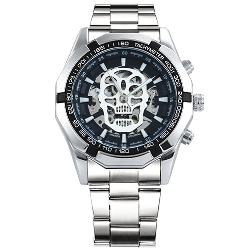 WINNER Steampunk Skull Auto Mechanical Watch Men Black Stainless Steel Strap Skeleton Dial Fashion Cool Design Wrist Watches