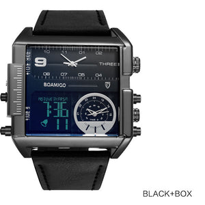 BOAMIGO Brand Men Sports Watches Man Military chronograph digital Watch Leather Rectangle Quartz Wristwatches Relogio Masculino