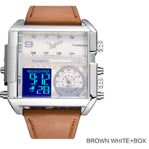 BOAMIGO Brand Men Sports Watches Man Military chronograph digital Watch Leather Rectangle Quartz Wristwatches Relogio Masculino