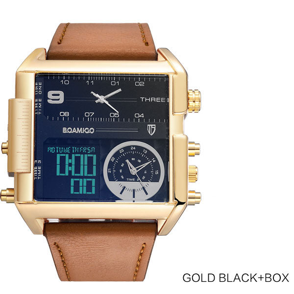 BOAMIGO Brand Men Sports Watches Man Military chronograph digital Watch Leather Rectangle Quartz Wristwatches Relogio Masculino