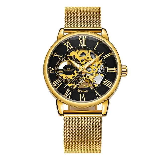 WINNER Classic Golden Skeleton Mechanical Watch Men Stainless Steel Strap Top Brand Luxury Man Watch Vip Drop Shipping Wholesale
