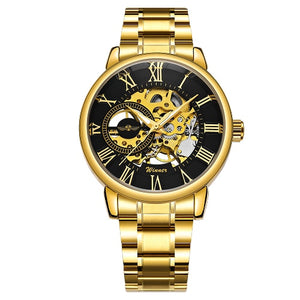 WINNER Classic Golden Skeleton Mechanical Watch Men Stainless Steel Strap Top Brand Luxury Man Watch Vip Drop Shipping Wholesale