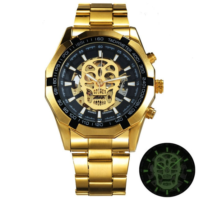 WINNER Classic Golden Skeleton Mechanical Watch Men Stainless Steel Strap Top Brand Luxury Man Watch Vip Drop Shipping Wholesale