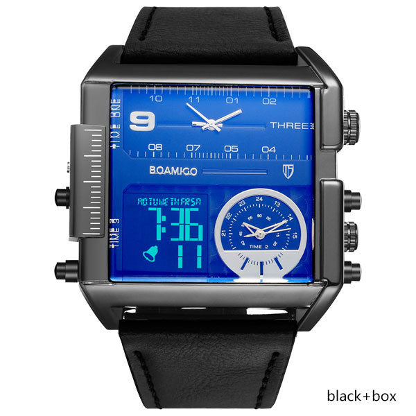 BOAMIGO Brand Men Sports Watches Man Military chronograph digital Watch Leather Rectangle Quartz Wristwatches Relogio Masculino