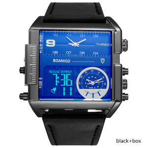 BOAMIGO Brand Men Sports Watches Man Military chronograph digital Watch Leather Rectangle Quartz Wristwatches Relogio Masculino