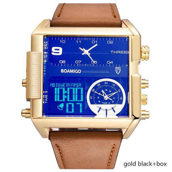 BOAMIGO Brand Men Sports Watches Man Military chronograph digital Watch Leather Rectangle Quartz Wristwatches Relogio Masculino