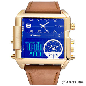 BOAMIGO Brand Men Sports Watches Man Military chronograph digital Watch Leather Rectangle Quartz Wristwatches Relogio Masculino