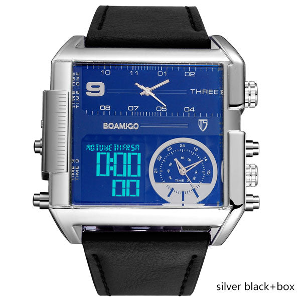 BOAMIGO Brand Men Sports Watches Man Military chronograph digital Watch Leather Rectangle Quartz Wristwatches Relogio Masculino
