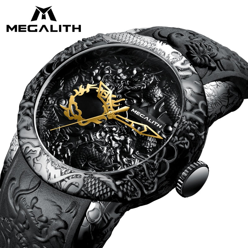 MEGALITH Fashion Gold Dragon Sculpture Watch Men Quartz Watch Waterproof Big Dial Sport Watches Men Watch Top Luxury Brand Clock