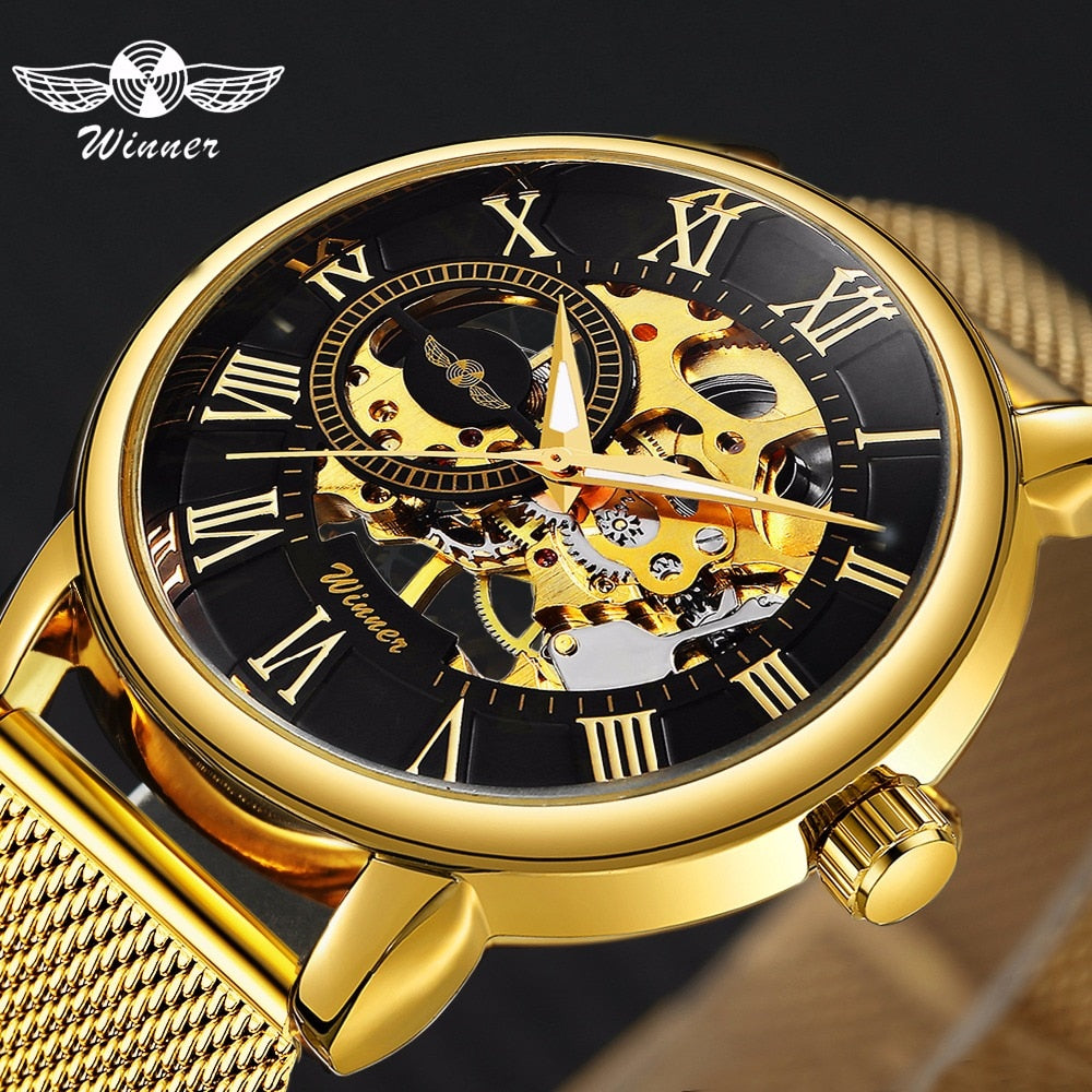 WINNER Classic Golden Skeleton Mechanical Watch Men Stainless Steel Strap Top Brand Luxury Man Watch Vip Drop Shipping Wholesale